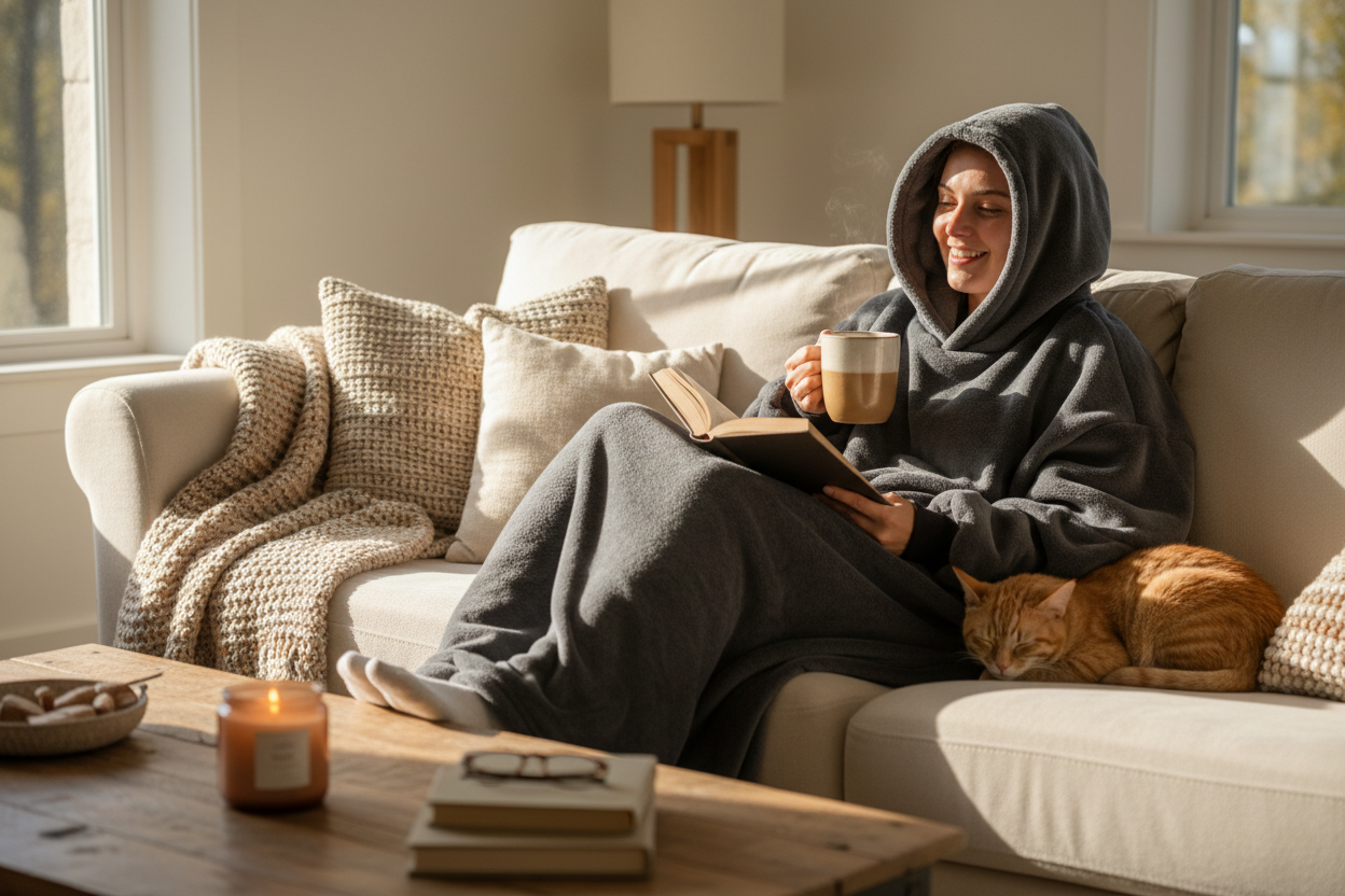 Create a video of someone benefitsing form wearing the hoodie blanket