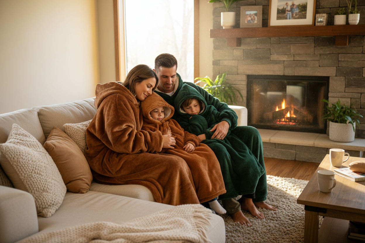 Generate me a family all wearing a hoodie blanket